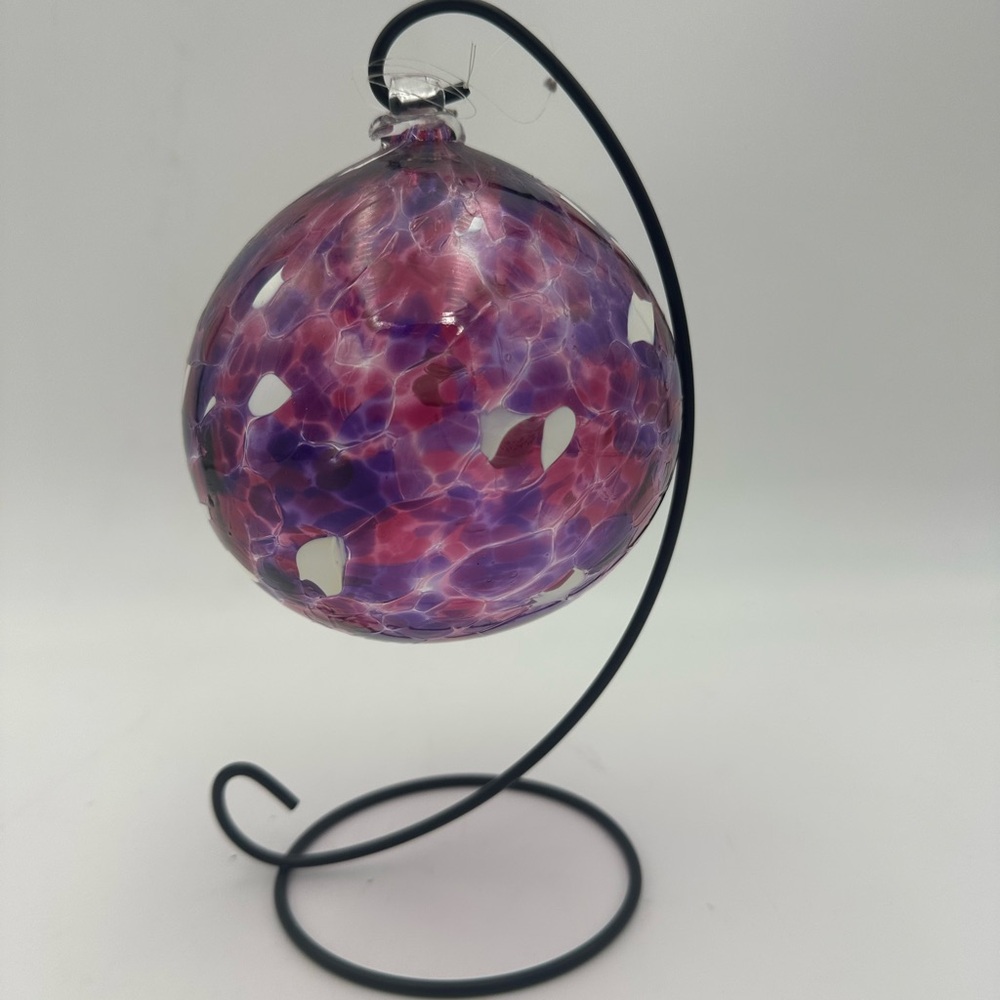 Kitras Art Glass Friendship Ball Purple, Pink, white Hand Blown Glass w/ Stand